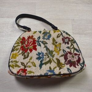 60s Kadin Carpet Bag Needlepoint Tapestry Floral Purse Handbag Boho True VTG